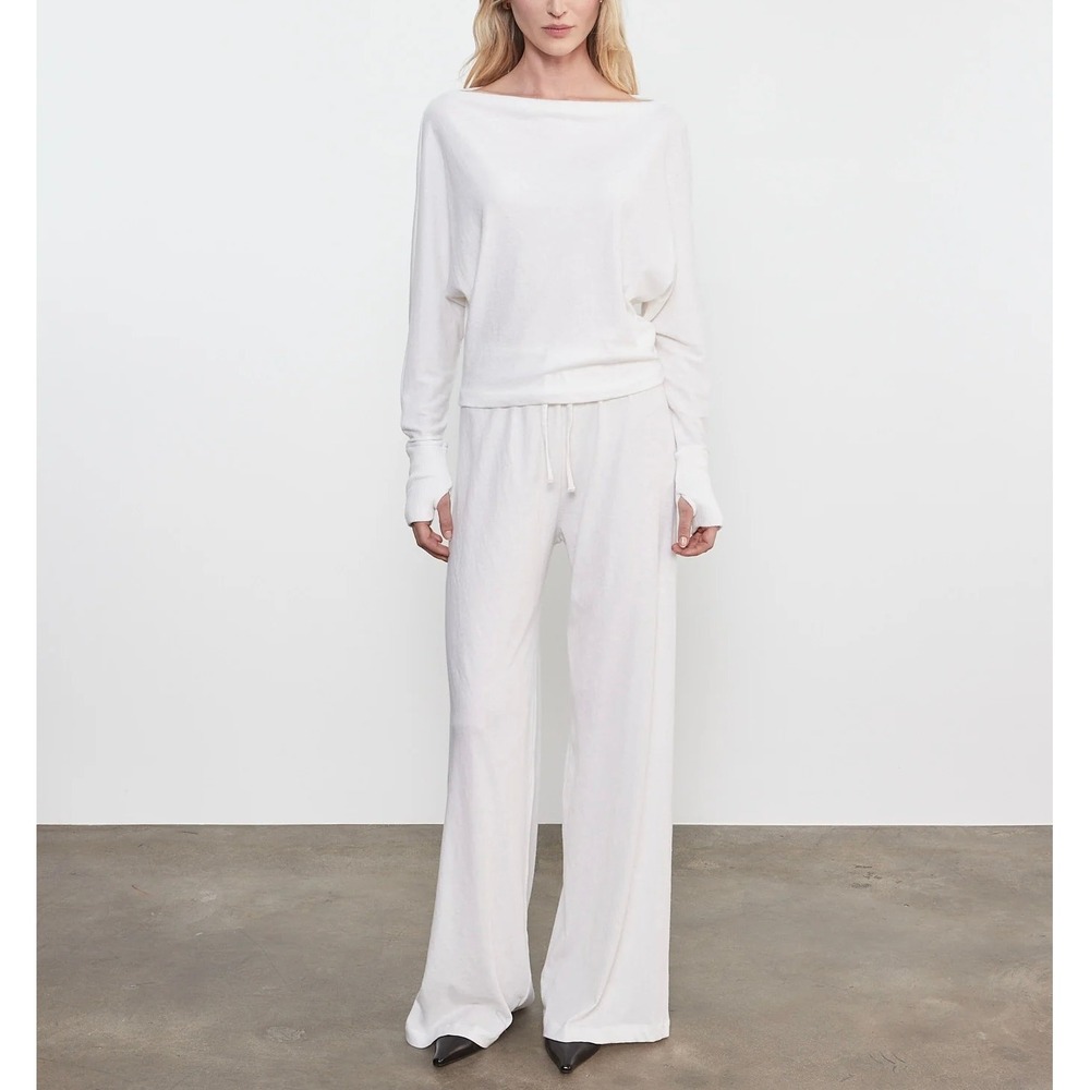 ENZA COSTA Cashmere Jersey Drawcord Pants Women Medium Off White Lounge Wide Leg
